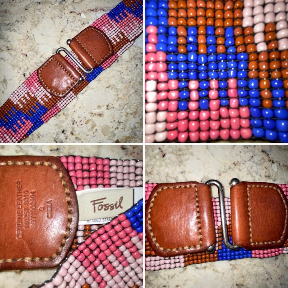 Fossil Beaded Stretch Belt with Genuine Leather Multicolored Small 27” EUC